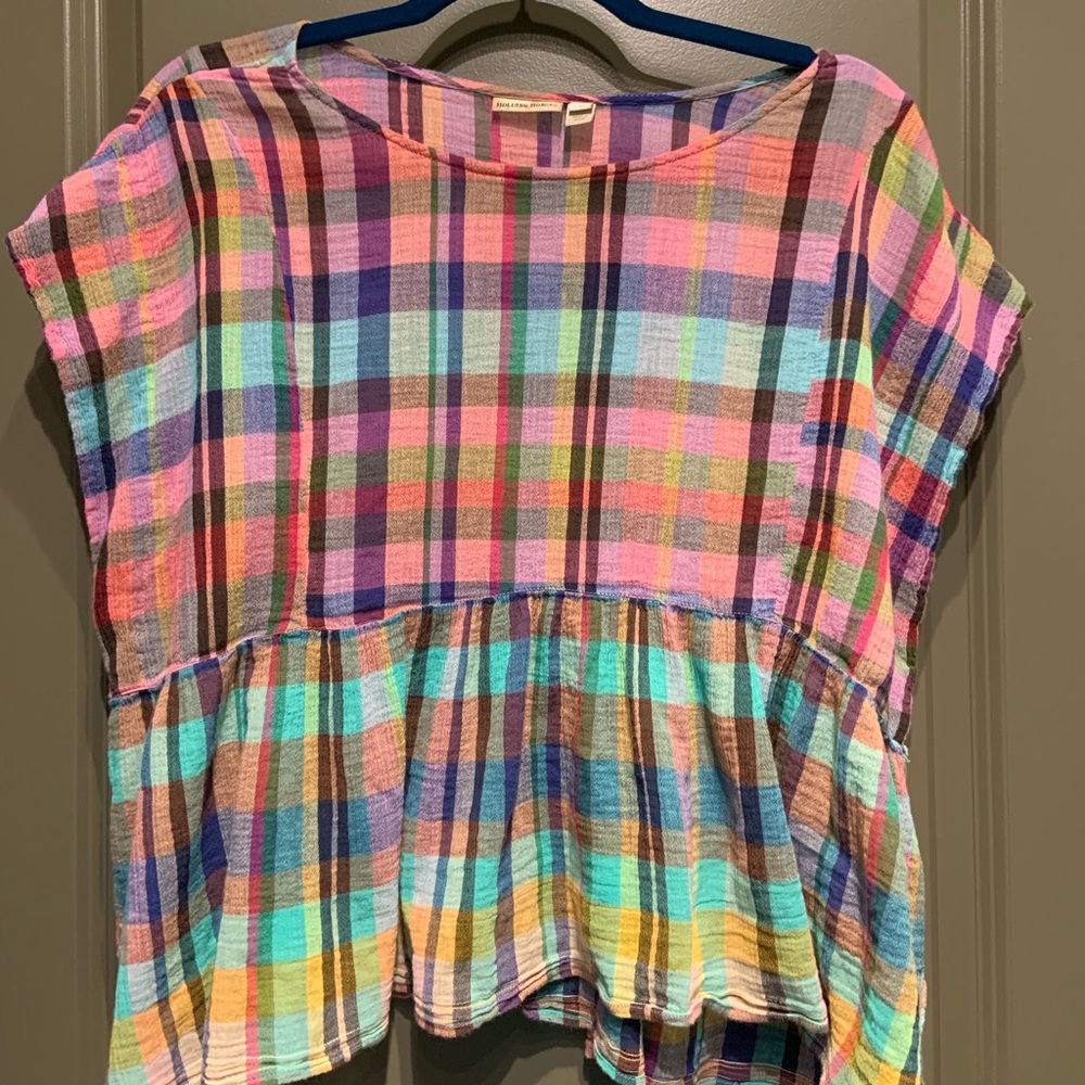 ANTHROPOLOGIE Holding Horses Plaid Peplum Tee